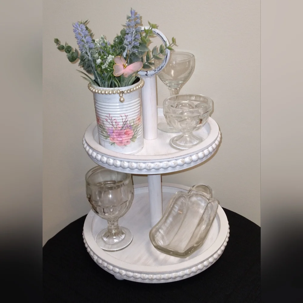 Unique Romantic Shabby Chic Tin Can Vase with Frosted Greenery & Faux Pearls